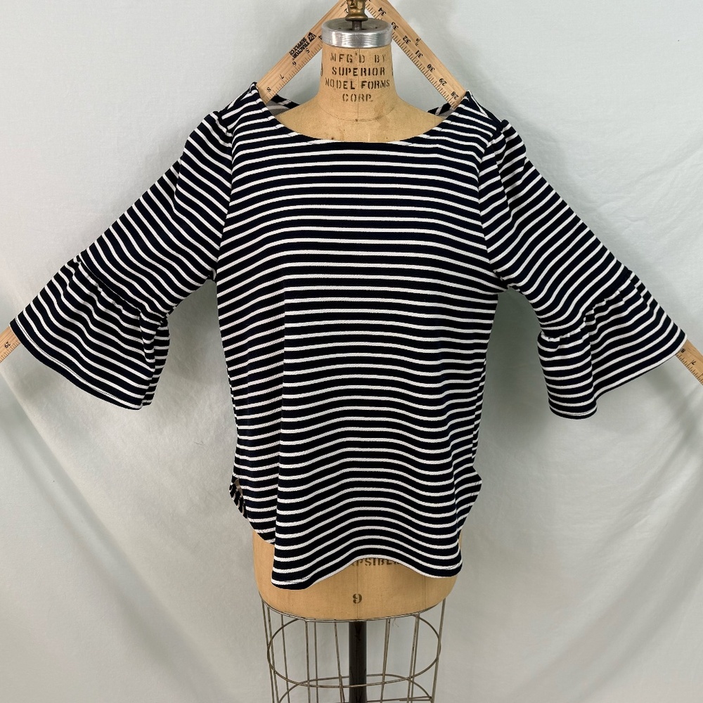 Green Envelope Black and White Stripe Crew Neck Peplum Sleeve Blouse Size 1X NWT